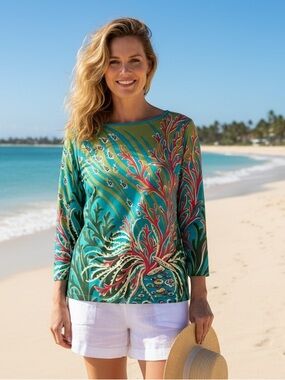 Bob Mackie Wearable Art Sea Life Turquoise Green Coral-Print 3/4 Sleeve Tunic